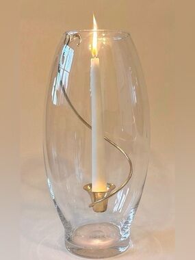 Vintage Glass Hurricane & Brass Hanging Taper Candle Holder 13” x 6”